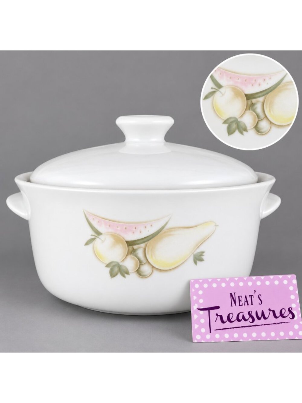 Noritake Cook'n Serve MELANIE Pastel Fruit Handled 2 Qt Covered Casserole Dish